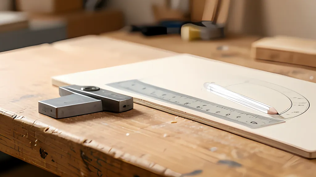 A steel sliding bevel and a clear protractor lying on a carpenter's workbench beside a pencil-marked board, in warm workshop light