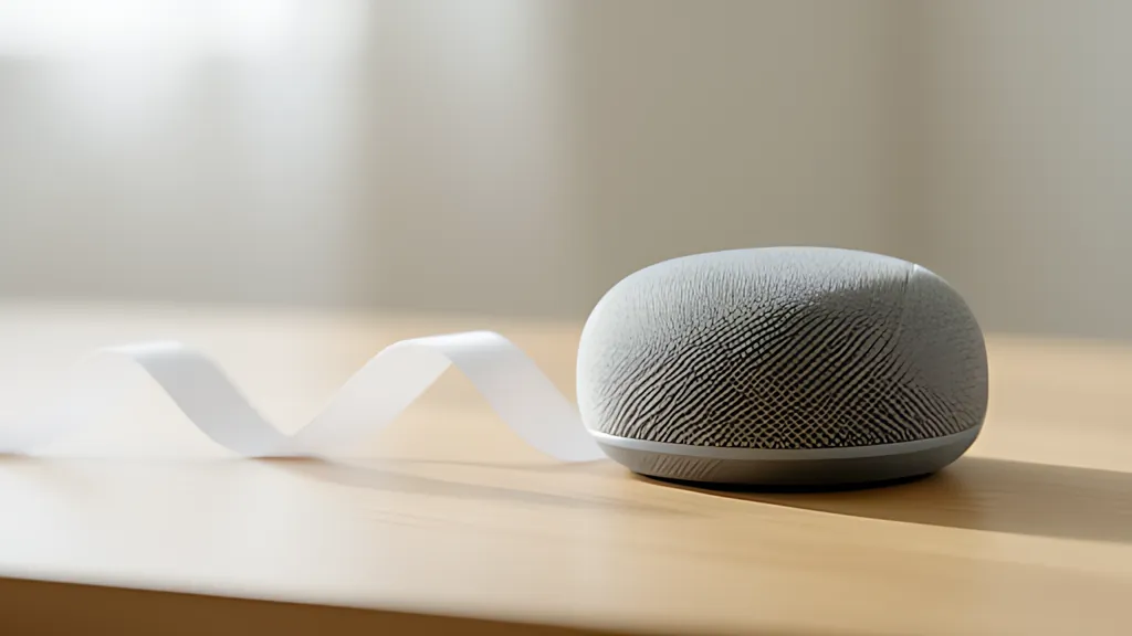 A small rounded grey fabric speaker on a light wooden desk, with a white ribbon curling in soft waves beside it and settling flat on the table