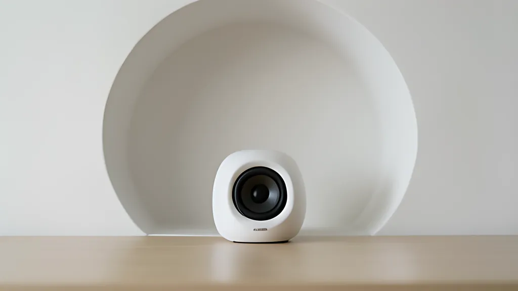 A small white rounded speaker on a light wooden desk, standing in front of a pale arched alcove set into a white wall