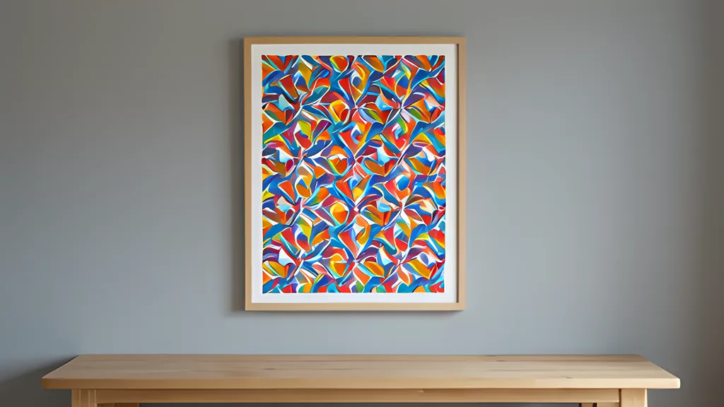 A framed poster of a dense repeating pattern in orange, blue and yellow, hung on a grey wall above a pale wooden bench