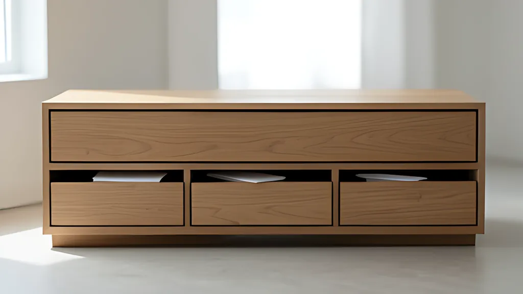 A low wooden cabinet with one long drawer across the top and three smaller drawers beneath it, blank cards tucked in, in soft window light.