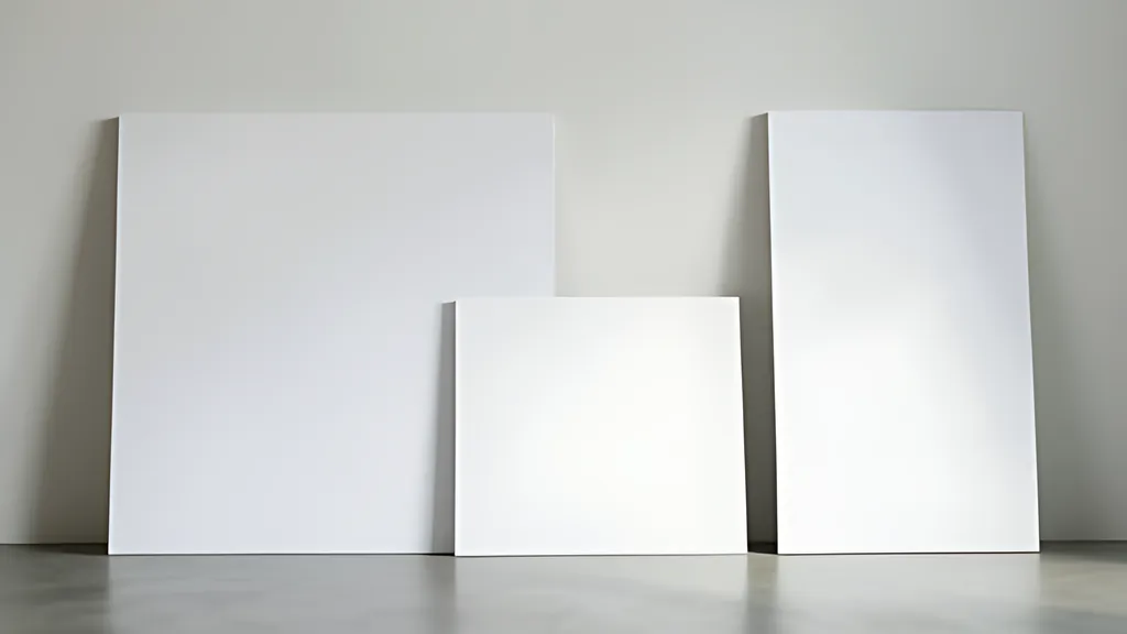 Three blank white boards of different proportions, one large, one small and one tall, leaning against a pale studio wall.