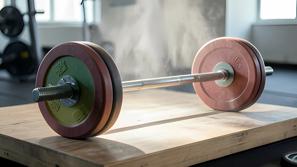 A barbell with dark red bumper plates lying on a wooden lifting platform in a sunlit gym, chalk dust drifting in the air behind it