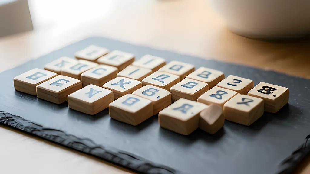 Rows of small wooden tiles painted with blue and black letters and numerals, laid out on a dark slate board on a wooden desk.