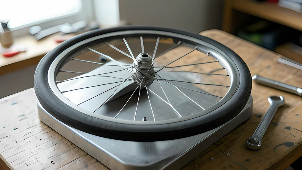 A spoked bicycle wheel with its tire on, lying flat on a metal plate on a wooden workshop bench with wrenches beside it
