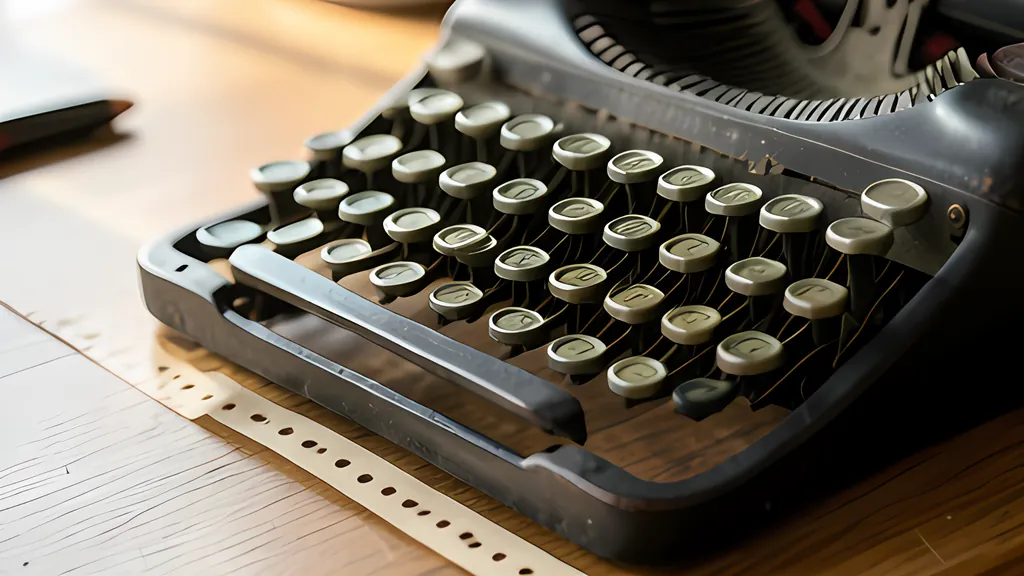 The round keys of an old black typewriter on a wooden desk, with a strip of punched paper tape lying in front of it.