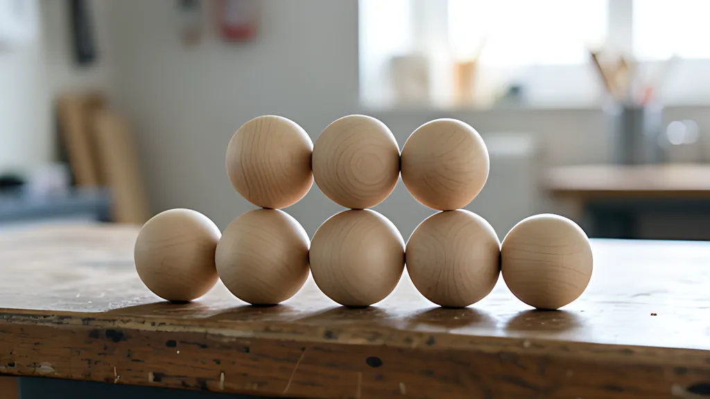 Wooden balls stacked on a workshop bench in a triangular rack, one on top, then rows of two, four and eight beneath it, in soft daylight.