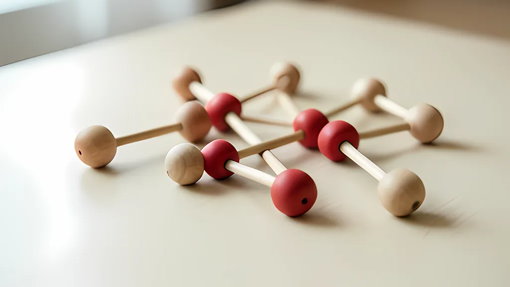 Wooden beads joined by short dowels and laid out as a branching tree diagram on a pale desk, a few of the beads painted red.