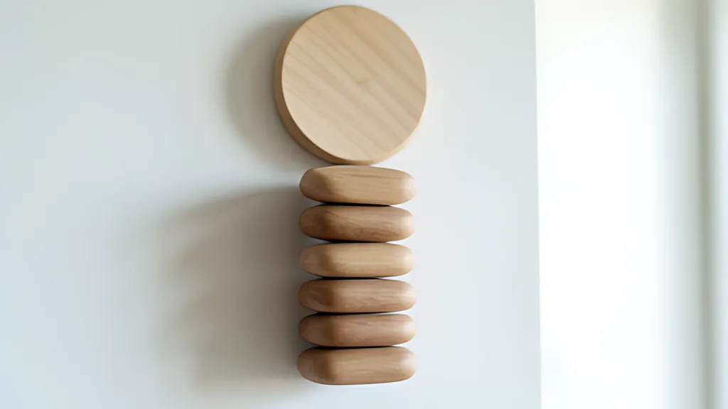 Six rounded blank wooden plaques hung in a column on a pale wall beneath a round blank wooden disc, in soft daylight.