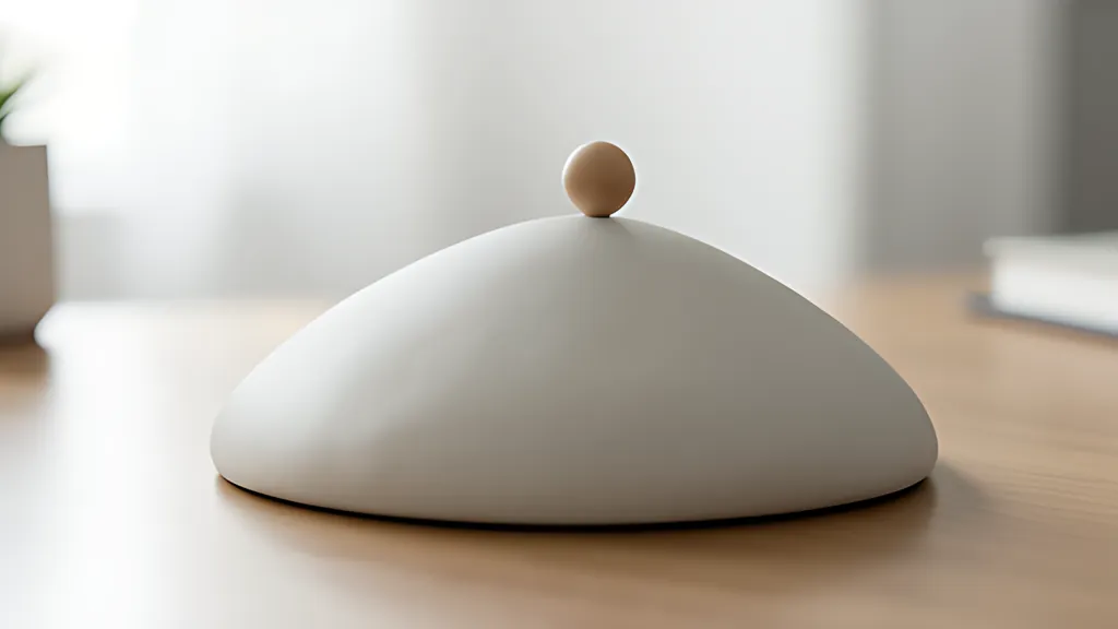 A smooth white dome-shaped sculpture on a wooden desk with a small wooden ball resting at its peak, like a bell curve made solid.