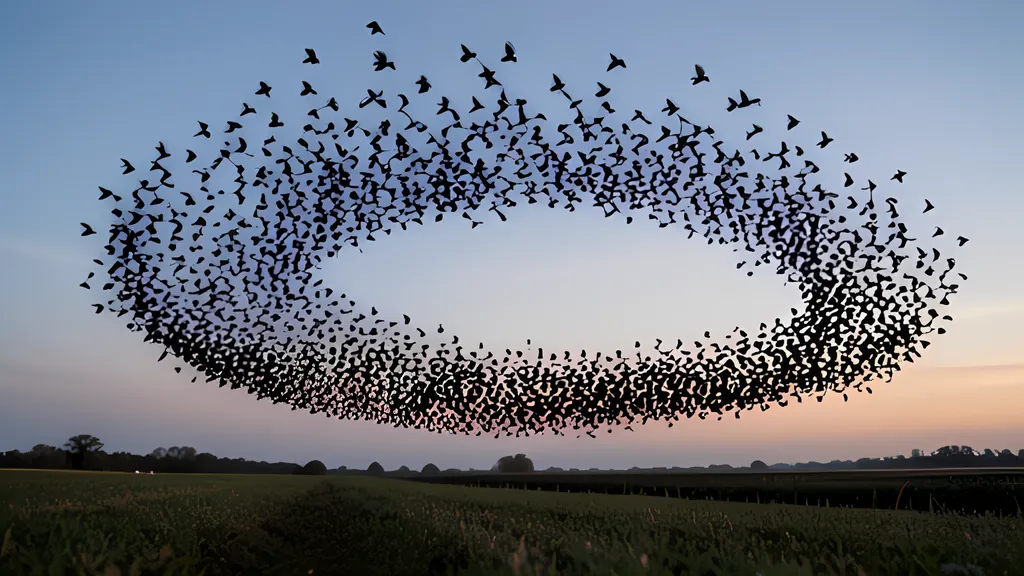 A large flock of small dark birds forming a ring-shaped cloud in a pale evening sky above a flat green field, with no people
