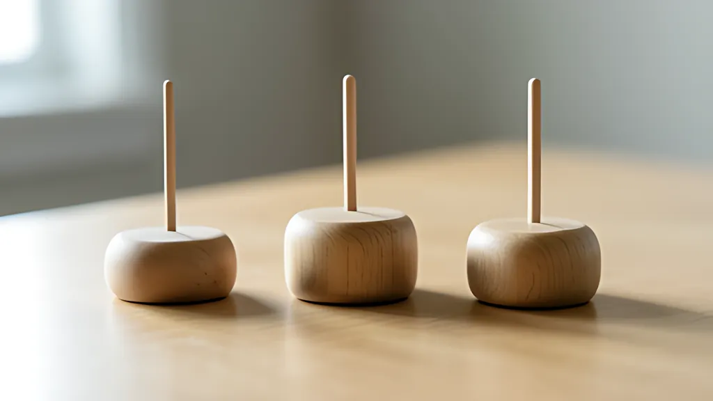 Three small rounded blocks of different heights on a desk, each with thin rounded rods standing above and below, like a box plot made solid.