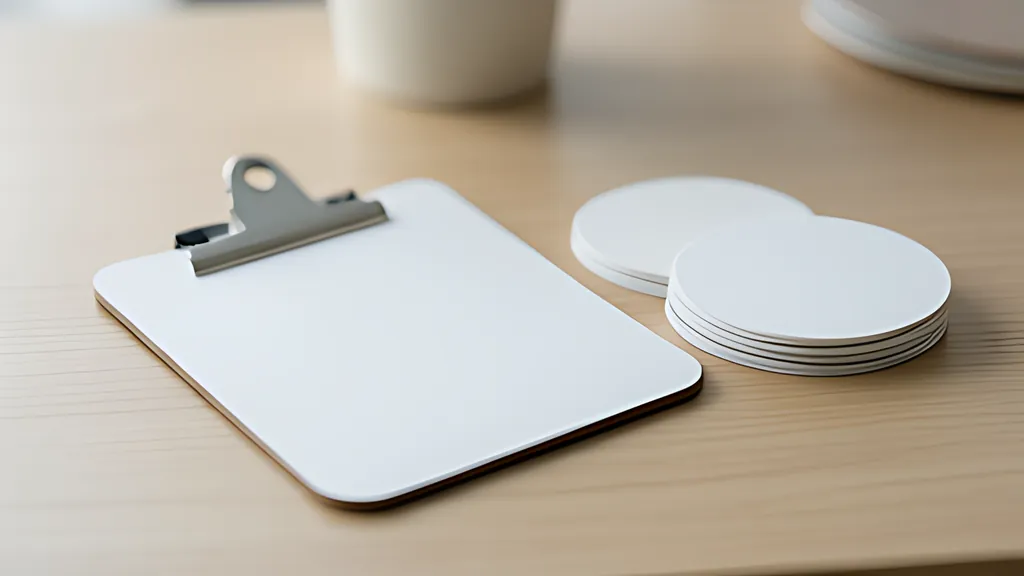 A blank white clipboard with a metal clip beside a stack of round white cards on a light wooden desk, a mug blurred behind them.