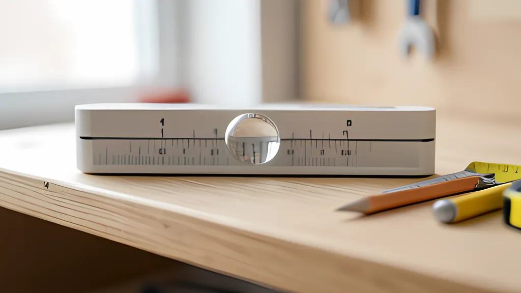 A white spirit level with a round glass vial at its center rests on a pale wooden shelf beside a pencil and a yellow tape measure, with workshop tools blurred behind.