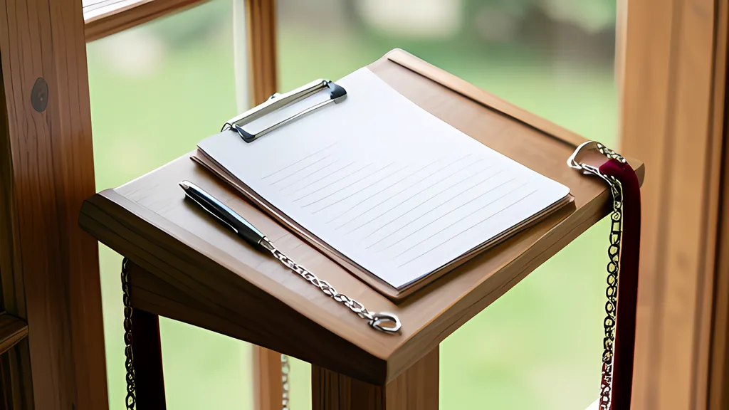 A wooden lectern by a window holding a clipboard of blank ruled paper, with a pen on a chain beside it and a red velvet rope hanging at one side.