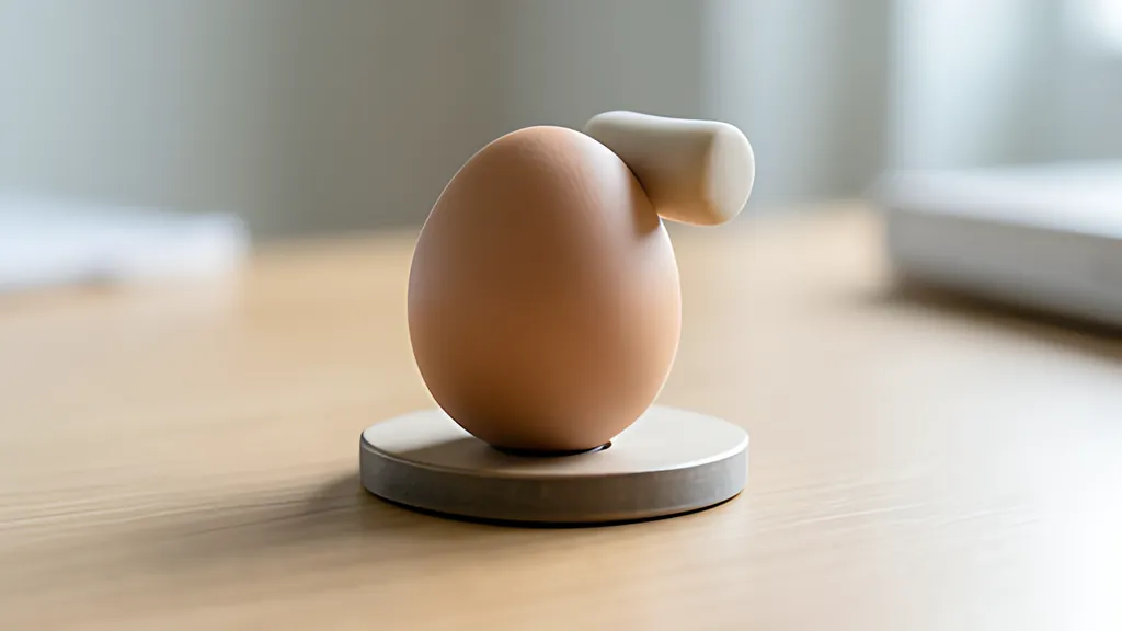 A copper-colored egg-shaped disc standing on a round metal base on a wooden desk, with a short white rounded rod resting against its upper edge