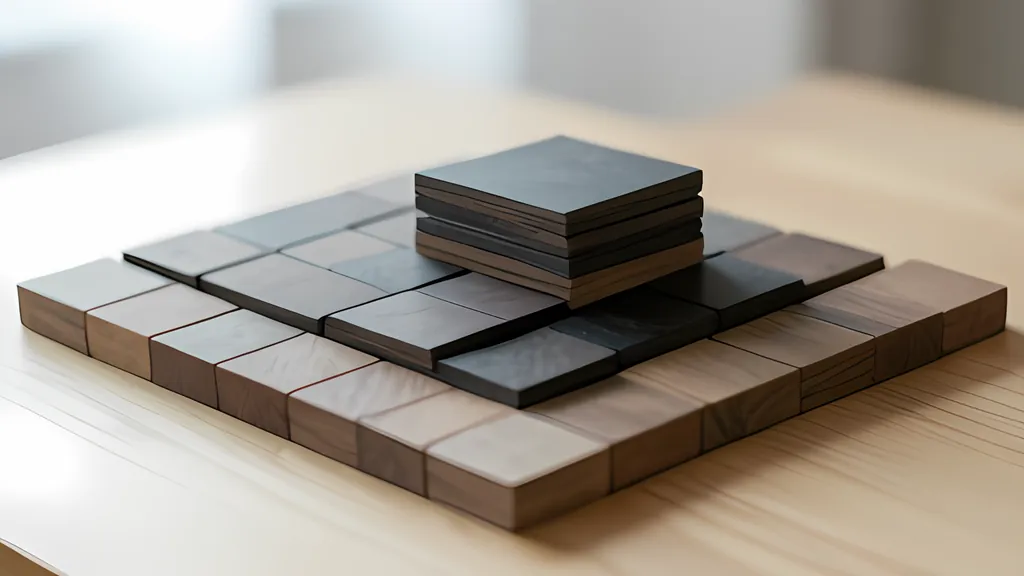 A grid of square wooden tiles on a pale table, some dark and some light, with a short stack of dark tiles rising from the middle in soft daylight.