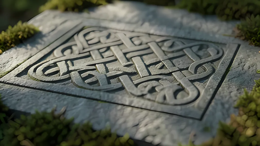A grey stone slab carved with a square panel of interlaced knotwork, lit from the side, with moss growing around its edges.