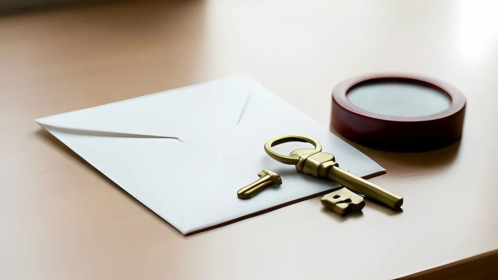A sealed paper envelope and a brass key on a wooden post office counter beside a round rubber stamp and an ink pad, with no writing anywhere.