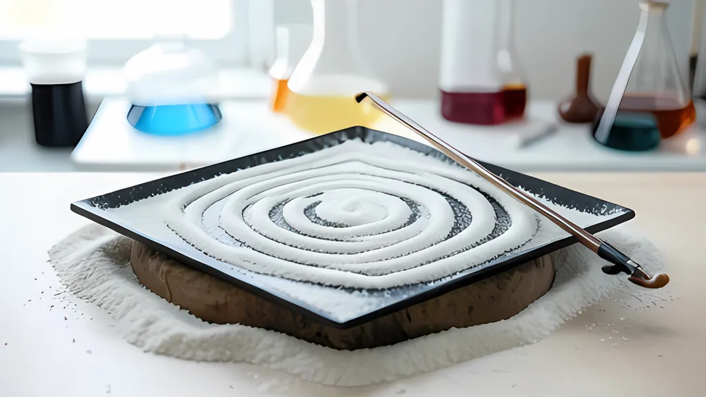 A square black metal plate on a stand, covered with pale sand gathered into a symmetric pattern of curved lines, with a violin bow lying beside it on a laboratory bench.