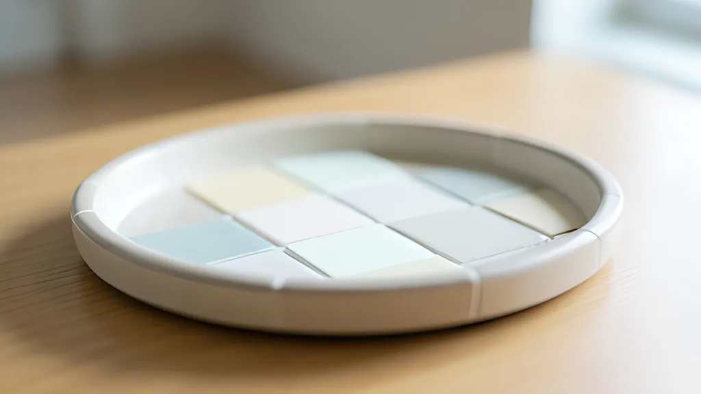 A round white tray on a light wooden desk holding a grid of square tiles in pale blue, cream and grey pastel shades.