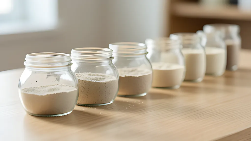 A row of small glass jars on a pale wooden desk, each holding a layer of fine sand, the far jars softly out of focus.