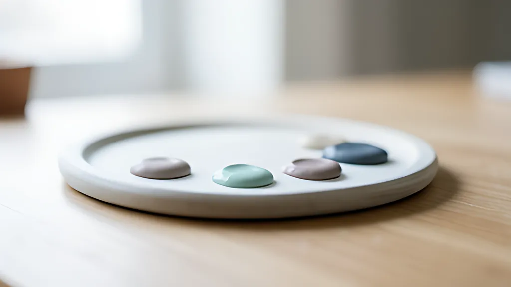 A round white ceramic palette on a light wooden desk holding five soft dabs of paint in muted mauve, mint, slate blue and cream tones