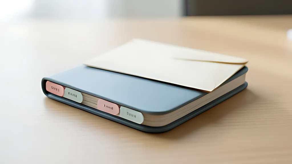 A small rounded folder on a desk with numbered soft tabs and an envelope with a red seal resting on top, in crimson and sage.