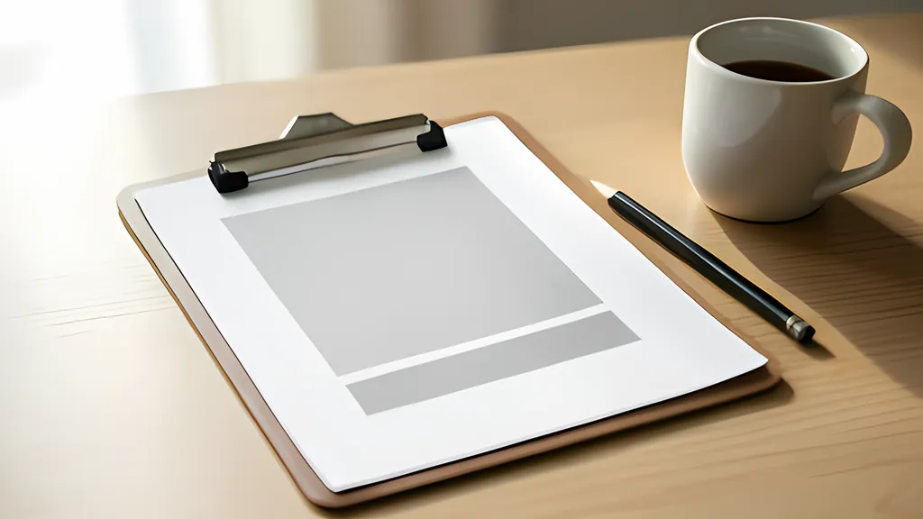 A clipboard holding one printed page of gray bars on a tidy desk, with a pencil and a cup beside it in morning light.