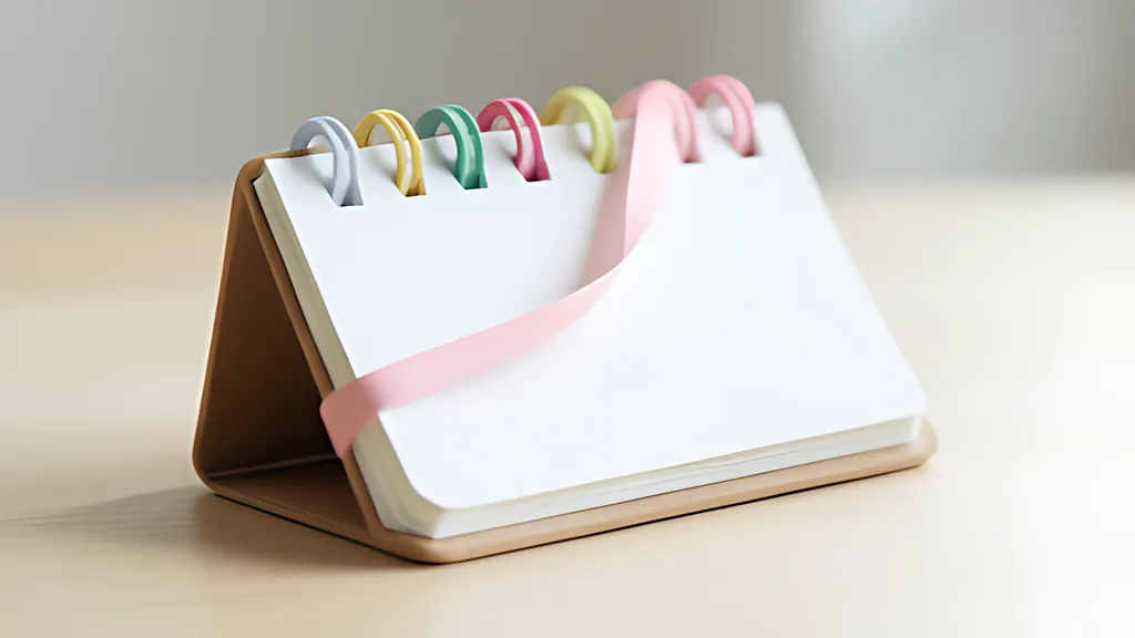 A small rounded desk calendar on a slanted stand, with pastel ring binders along the top and a soft pink ribbon looping across its blank pages.