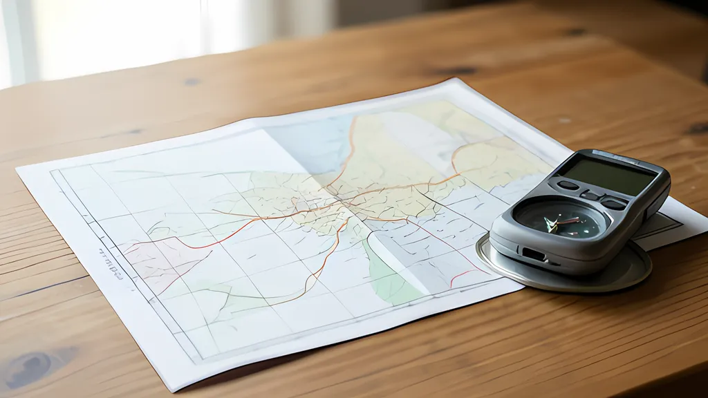 A paper map with a faint grid lying on a wooden table, with a gray handheld GPS unit resting on one corner in soft daylight
