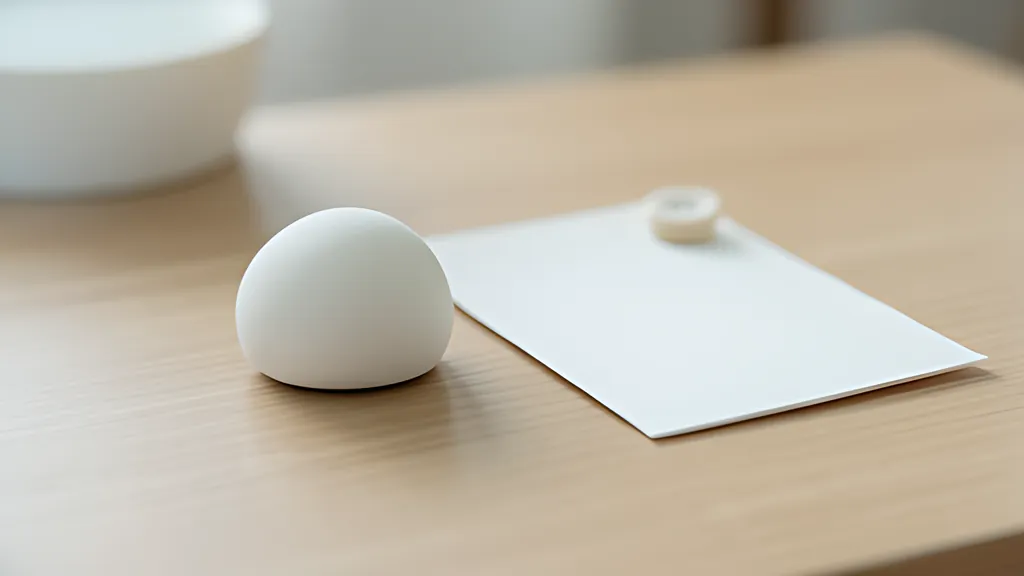 A blank white sheet held by a small round pin on a light wooden desk, beside a smooth white rounded stone, with a white bowl blurred in the background.