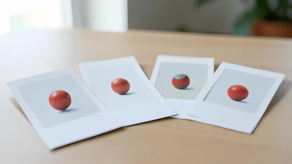 Four white printed cards fanned out on a wooden desk in soft daylight, each showing a red ball at a slightly different position