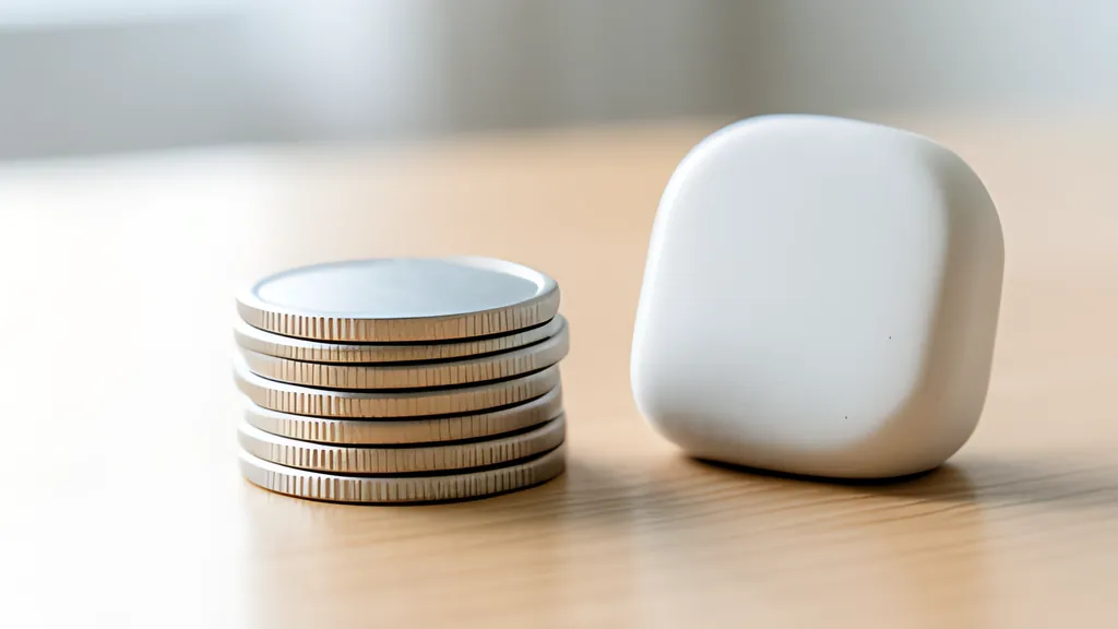 Two short stacks of blank rounded coins on a desk beside a small rounded calendar block, standing for converted amounts and the date of a rate.
