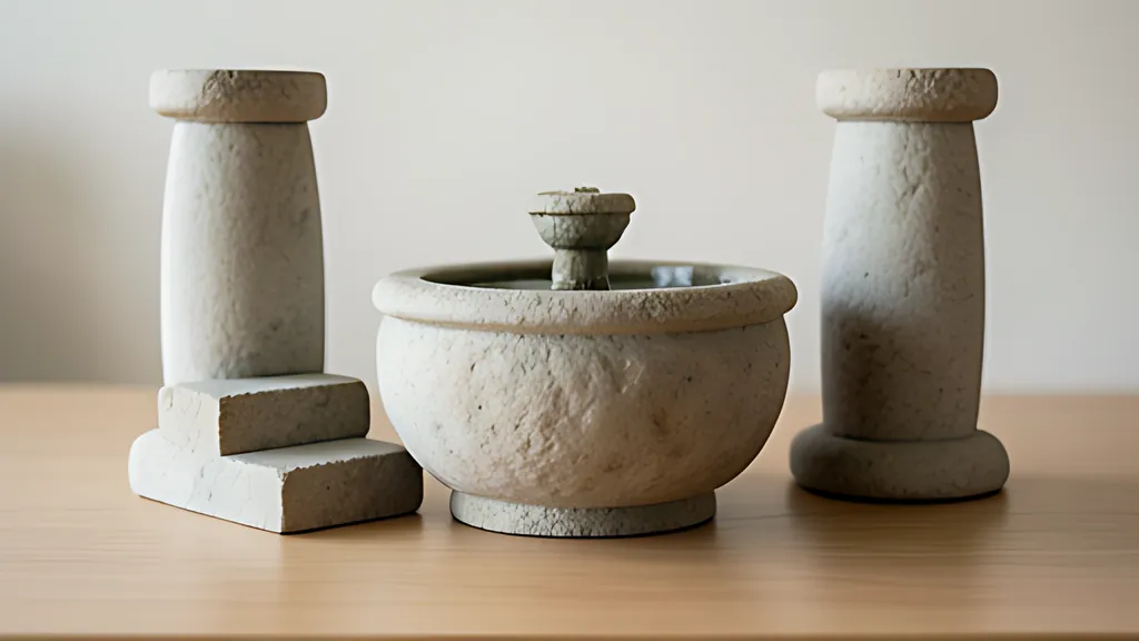 A small grey stone fountain bowl on a wooden desk between two tall rounded stone pillars, with two soft stone blocks stacked like steps at one pillar's foot.