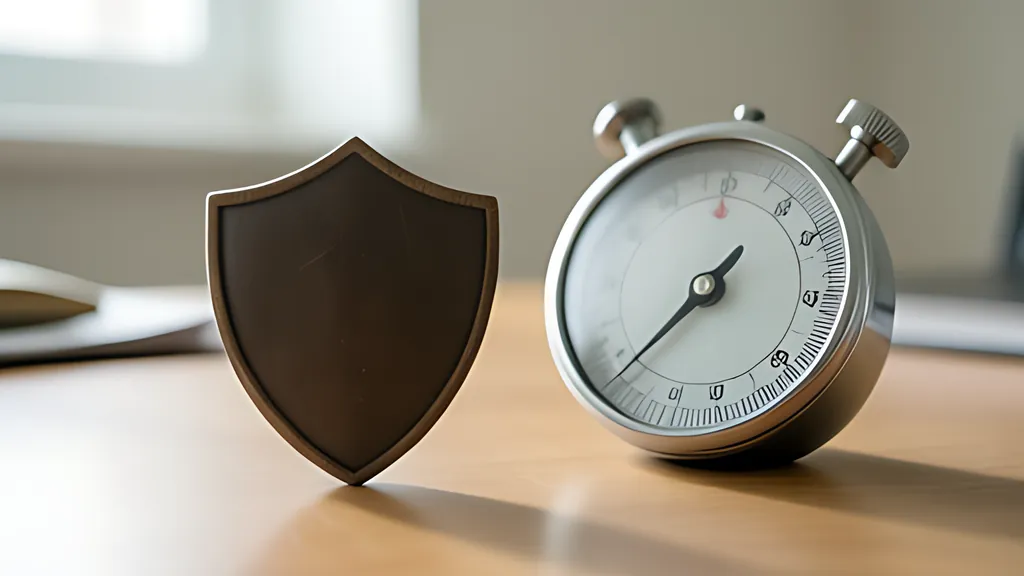 A dark wooden shield standing on a light wooden desk beside a round chrome dial gauge whose needle points partway round its scale.