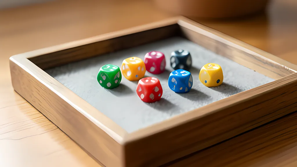 Seven colored six-sided dice at rest on grey felt inside a square wooden dice tray on a wooden table, lit warmly from one side.