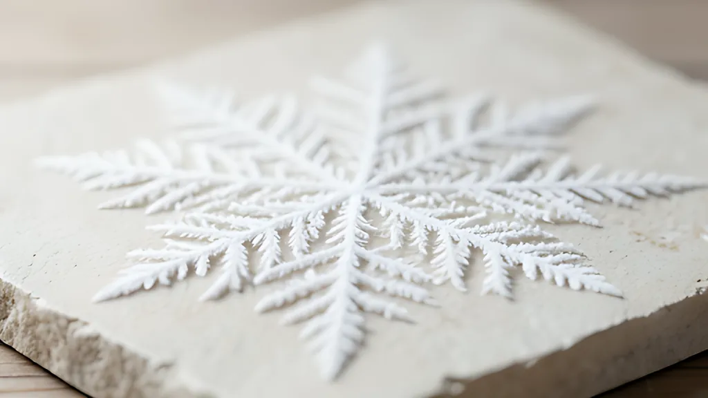 A pale stone slab seen at a low angle, with a white fern-like branching pattern spreading from its centre in fine feathered arms.