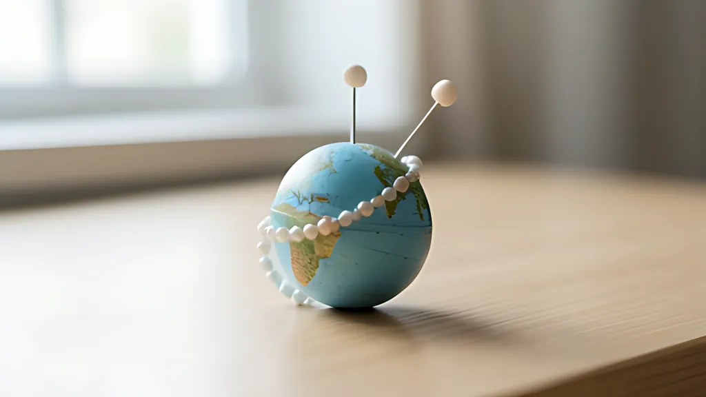 A small blue globe resting on a wooden desk, with two white-headed pins in it joined by a curving string of white beads