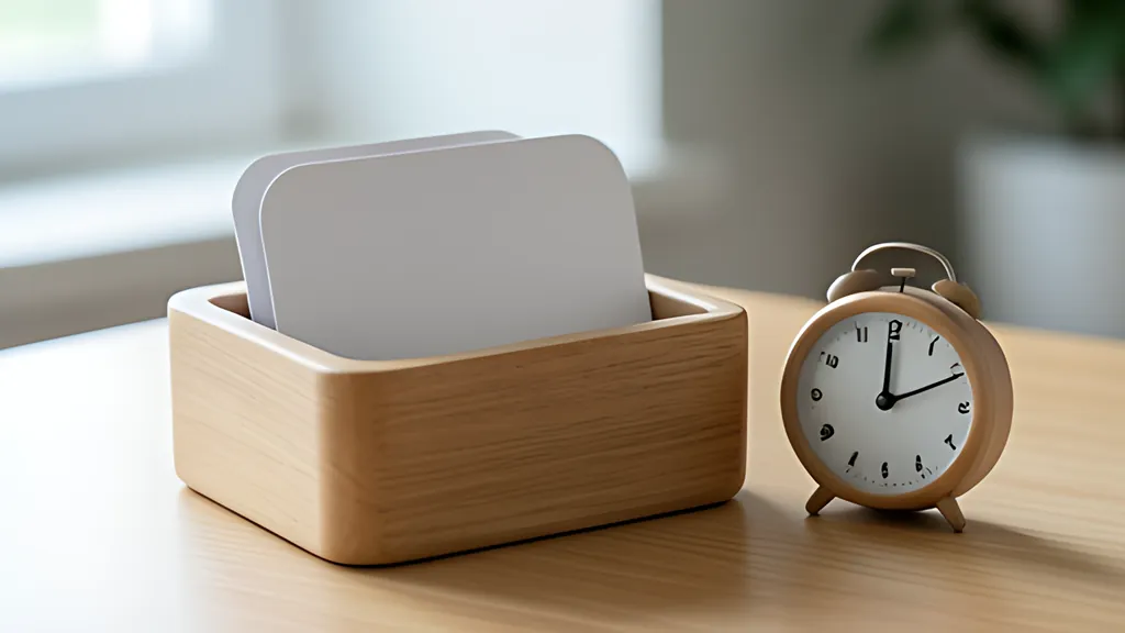 A small rounded wooden box holding two blank white cards stands on a pale desk beside a tiny round alarm clock.
