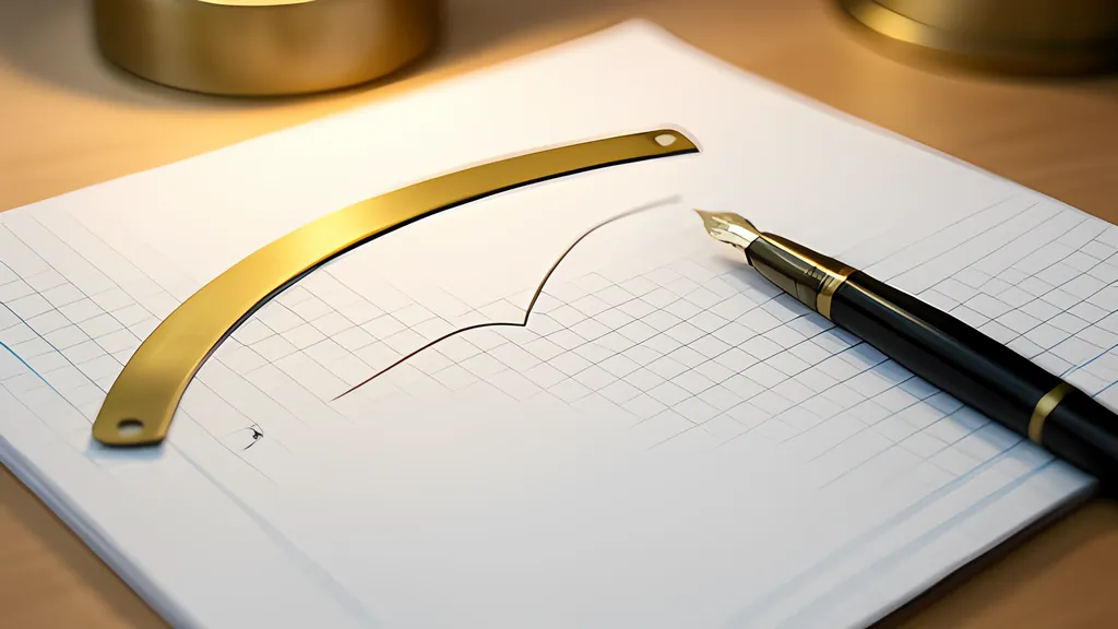 A curved brass drafting template and a black fountain pen lying on graph paper beside a thin hand-drawn curve, lit by warm desk light.