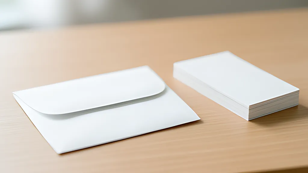 A blank white envelope with a rounded flap lying on a light wooden desk beside a short stack of plain white cards, in soft daylight.