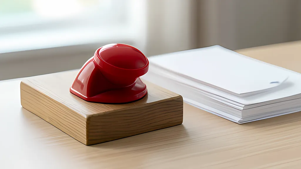 A large red push button mounted on a wooden block beside a stack of sealed envelopes on a desk in soft light.