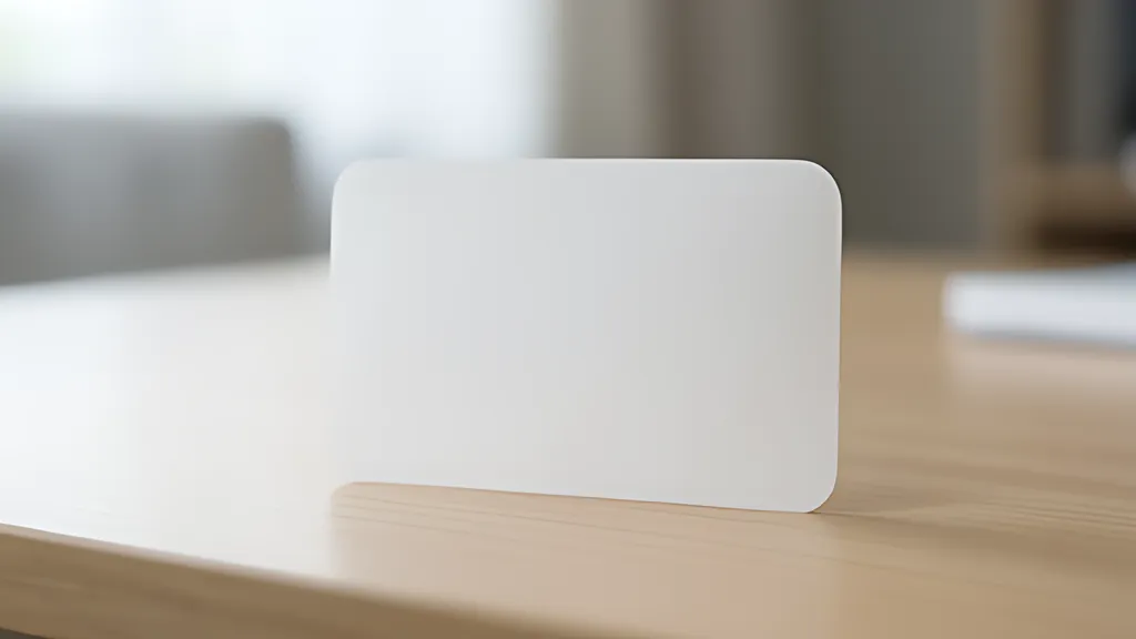 A blank white card with rounded corners standing upright on a light wooden desk in a softly lit room