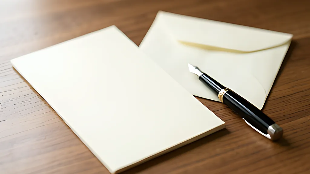 A blank cream correspondence card and a black fountain pen lying on a wooden desk beside an open cream envelope.