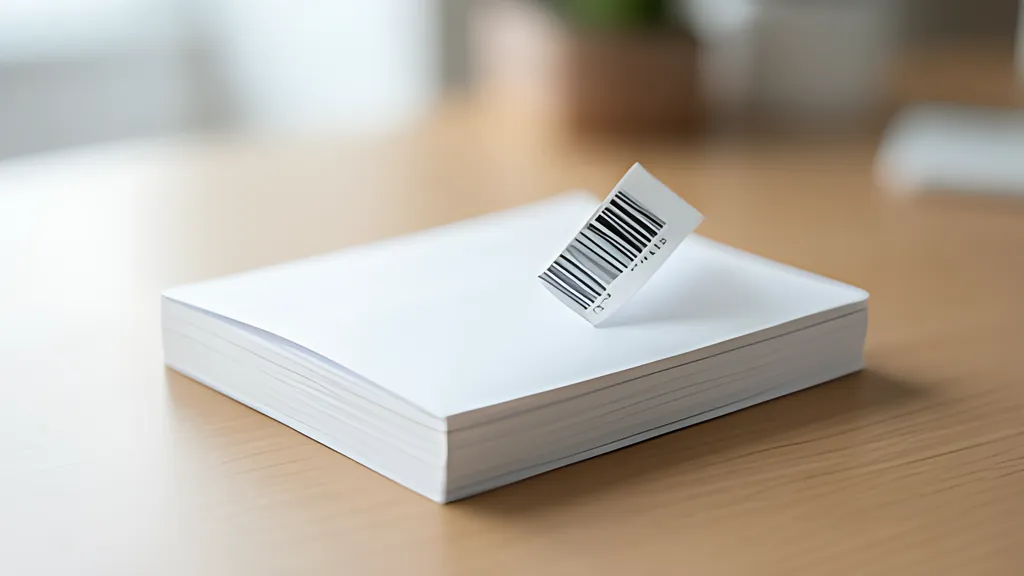 A small stack of plain white envelopes on a light wooden desk with a printed barcode strip curling up from the top envelope.