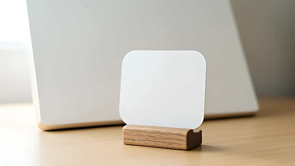 A small blank rounded card standing in a wooden holder on a light wooden desk, in front of a larger blank board leaning against the wall in soft daylight.