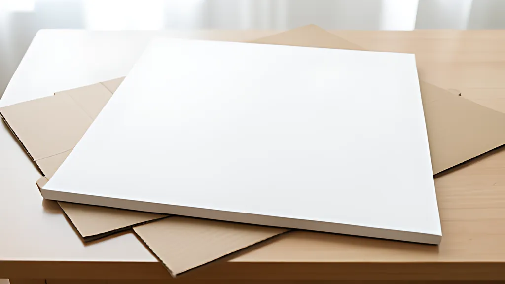 A blank white board resting on two overlapping sheets of brown cardboard on a wooden table, in soft window light.