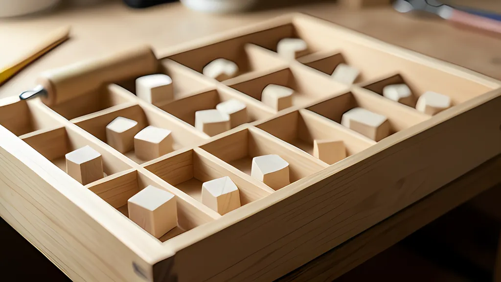 A shallow wooden tray divided into small square compartments, each holding one or two plain wooden cubes, with a hand roller resting on its edge.