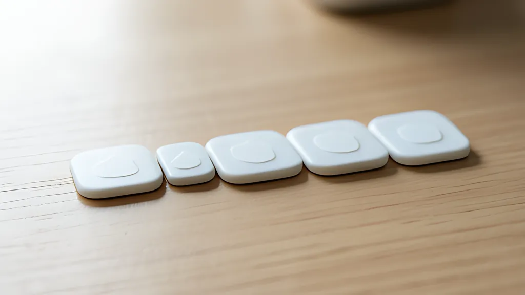 A row of small rounded square tiles of decreasing size on a desk, each carrying the same soft blank emblem, in gold and indigo light.